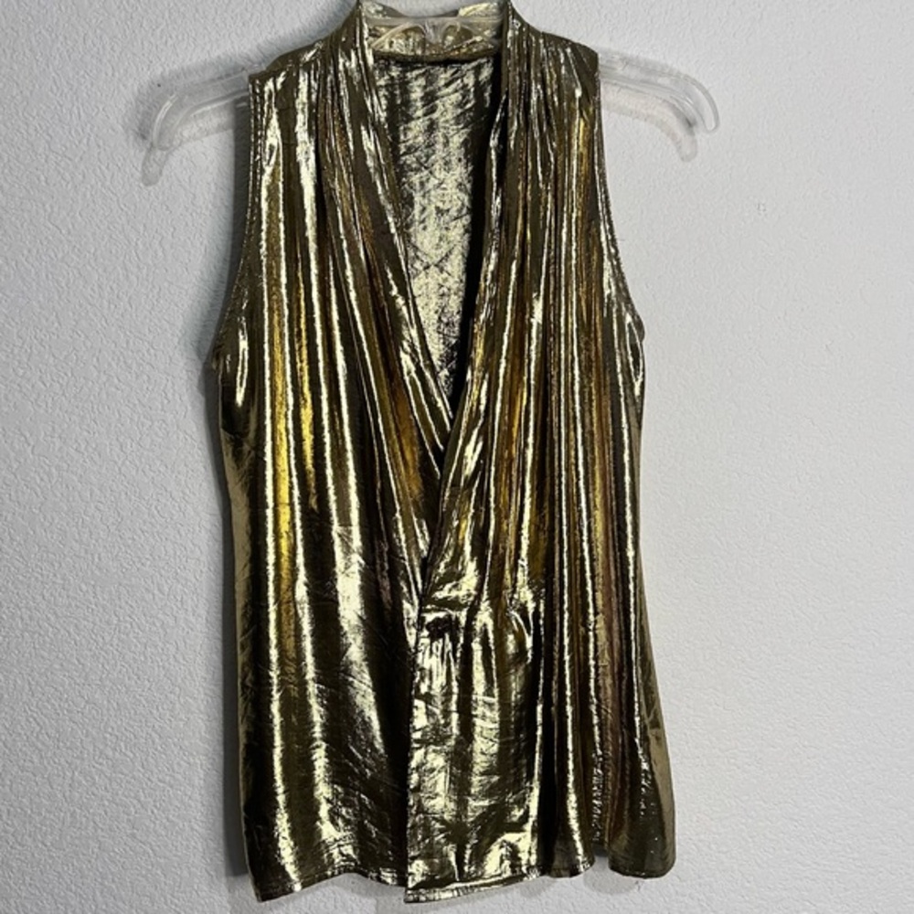 Vintage Metallic Gold Foil Shimmery Plunging Neckline Sleeveless Blouse Size 4